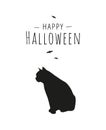 Halloween greeting card design with black cat silhouette, text and small bats on white background. Black and white minimalist Royalty Free Stock Photo