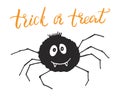 Halloween greeting card design. Cute spider cartoon hand drawn doodle, Trick or treat lettering vector illustration Royalty Free Stock Photo