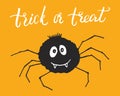 Halloween greeting card design. Cute spider cartoon hand drawn doodle, Trick or treat lettering vector illustration Royalty Free Stock Photo