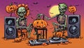 Halloween greeting card design with two zombie DJ, pumpkins and speakers