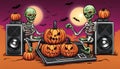 Halloween greeting card design with two zombie DJ, pumpkins and speakers