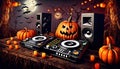 Halloween greeting card design with two zombie DJ station, pumpkins and speakers