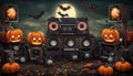 Halloween greeting card design with two zombie DJ station, pumpkins and speakers
