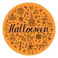 Halloween greeting card hand drawn on orange background Royalty Free Stock Photo