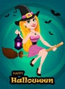 Halloween greeting card or invitation. Beautiful lady witch flying on broom and holding lamp.