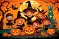 Halloween greeting card with kids, pumpkins and scary house