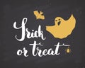 Halloween greeting card. Lettering calligraphy sign and hand drawn elements, party invitation or holiday banner design vector illu