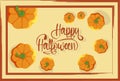 Halloween greeting card with pumpkins in frame and typography flat design