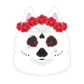 Halloween Greeting Card. Samoyed Dog Dressed As A Mexican Skull With Red Flowers On His Head