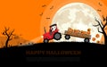 The tractor carrying smiley Halloween pumpkins in trailer with background of graveyard, farm and full moon. Flat cartoon vector