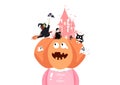 Halloween greeting card, trick or treat, festival cute cartoon vampire, witch, bats, spooky, cat and pumpkin, invitation poster Royalty Free Stock Photo