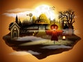 Halloween greeting card, vector illustration. scarecrow in graveyard Royalty Free Stock Photo