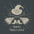 Halloween greeting card vintage label, Hand drawn sketch witch items, grunge textured retro badge, typography design t-shirt print