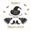 Halloween greeting card vintage label, Hand drawn sketch witch items, grunge textured retro badge, typography design t-shirt print