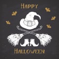 Halloween greeting card vintage label, Hand drawn sketch witch items, grunge textured retro badge, typography design t-shirt print