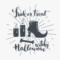 Halloween greeting card vintage label, Hand drawn sketch witch items, grunge textured retro badge, typography design t-shirt print