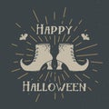 Halloween greeting card vintage label, Hand drawn sketch witch items, grunge textured retro badge, typography design t-shirt print