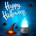 Halloween greeting card with witch cauldron, hat, angry spiders, net and brush lettering on blue background with bubbles Royalty Free Stock Photo