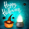 Halloween greeting card with witch cauldron, hat, pumpkin, angry spiders, net and brush lettering on blue background with Royalty Free Stock Photo