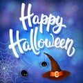 Halloween greeting card with witch hat, angry spiders and 3d brush lettering on blue background with bokeh elements Royalty Free Stock Photo