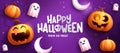 Halloween greeting vector background design. Happy halloween text with jack o lantern pumpkin and ghost for trick or treat night c Royalty Free Stock Photo