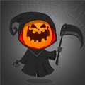 Halloween grim reaper with pumpkin head. Vector jack-o-lantern character mascot.