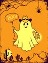 Halloween grost cowboy background illustration. Vector hand drawn halloween cute ghost in cowboy hat and bandanna and Boo