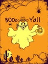 Halloween grost cowboy background illustration. Vector hand drawn halloween cute ghost in cowboy hat and bandanna and Boo