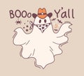 Halloween grost cowboy colors illustration. Vector hand drawn halloween cute ghost in cowboy hat and bandanna and Boo holiday text Royalty Free Stock Photo