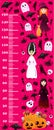 Halloween growth chart for kids with witch, vampire characters and pumpkins with ghosts on pink background