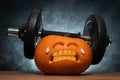 Halloween gym concept with carved pumpkin lifting dumbbells.