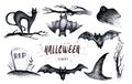 Halloween hand drawing black white graphic set icon, drawn Hallo