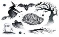 Halloween hand drawing black white graphic set icon, drawn Halloween symbols pumpkin, broom, bat, witches. Horror elements Royalty Free Stock Photo