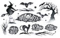 Halloween hand drawing black white graphic set icon, drawn Halloween symbols pumpkin, broom, bat, witches. Horror elements Royalty Free Stock Photo