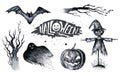 Halloween hand drawing black white graphic set icon, drawn Hallo Royalty Free Stock Photo