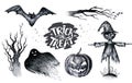 Halloween hand drawing black white graphic set icon, drawn Hallo Royalty Free Stock Photo
