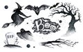 Halloween hand drawing black white graphic set icon, drawn Hallo Royalty Free Stock Photo