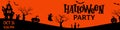 Halloween hand drawn horizontal party invitation banner, flyer, poster template. Traditional halloween symbols: haunted house, Royalty Free Stock Photo