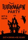 Halloween hand drawn party invitation, flyer, banner, poster template. Traditional halloween symbols: haunted house, ghost, bat, Royalty Free Stock Photo