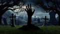 Halloween Hand of risen dead from grave in cemetery, grave crosses, zombies at night. 3d render