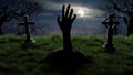 Halloween Hand of risen dead from grave in cemetery, grave crosses, zombies at night. 3d render