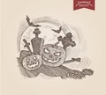 Halloween handdrawn pumpkins on graveyard bat engraving template