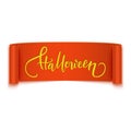 Halloween handwritten calligraphic text on realistic orange ribbon banner, vector illustration Royalty Free Stock Photo