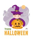 Halloween. Happy boy, pumpkin and witches hat. Background with Castle, ghost, moon. Vector illustration in cartoon style. Royalty Free Stock Photo