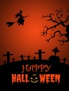 Halloween Happy Halloween background with a witch riding a broom through the cemetery and the dry tree on a black-orange