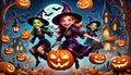 Halloween happy witch broom flight scary jack lantern