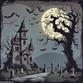 Halloween, haunted castle with tombstones under full moon and bats. old bony tree