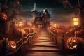 Halloween haunted farm house, spooky path with pumpkins Royalty Free Stock Photo