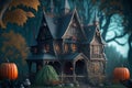 Halloween Haunted House with Pumpkin Generative AI Illustration