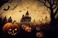Halloween haunted house in full moon night, scary mansion. Halloween background Royalty Free Stock Photo